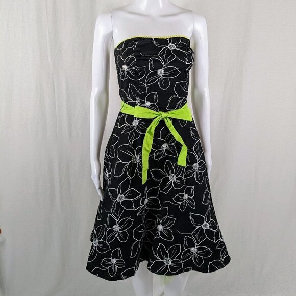 Ruby Rox Juniors Size 3 Black and White Floral Formal Dress Lime Green Strapless - Picture 1 of 5